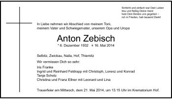 Traueranzeige von Anton Zebisch von Frankenpost