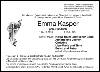 Traueranzeige von Emma Kasper von Neue Presse Coburg