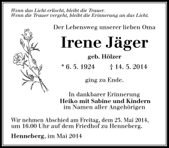 Traueranzeige von Irene Jäger von Südthüringer Presse