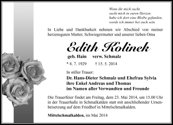 Traueranzeige von Edith Kolinek von Südthüringer Presse