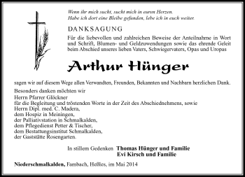 Traueranzeige von Arthur Hünger von Südthüringer Presse