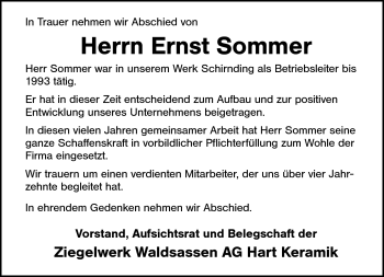 Traueranzeige von Ernst Sommer von Frankenpost