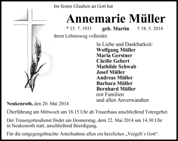Traueranzeige von Annemarie Müller von Neue Presse Coburg