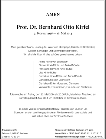 Traueranzeige von Bernhard Otto Kirfel von Südthüringer Presse