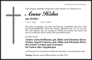 Traueranzeige von Anna Höhn von Südthüringer Presse