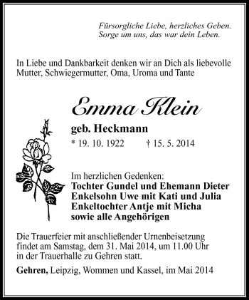 Traueranzeige von Emma Klein von Südthüringer Presse