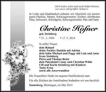 Traueranzeige von Christine Höfner von Südthüringer Presse