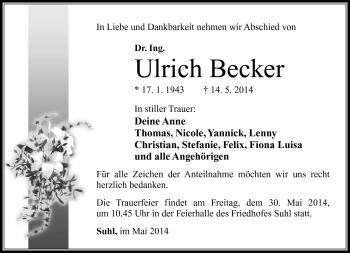 Traueranzeige von Ulrich Becker von Südthüringer Presse