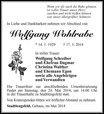 Traueranzeige von Wolfgang Wohlrabe von Südthüringer Presse