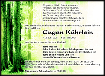 Traueranzeige von Eugen Kührlein von Südthüringer Presse