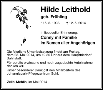 Traueranzeige von Hilde Leithold von Südthüringer Presse