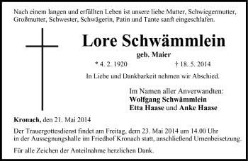 Traueranzeige von Lore Schwämmlein von Neue Presse Coburg