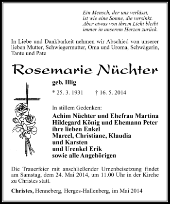 Traueranzeige von Rosemarie Nüchter von Südthüringer Presse