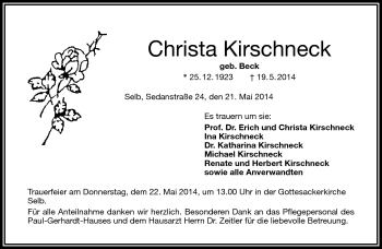Traueranzeige von Christa Kirschneck von Frankenpost
