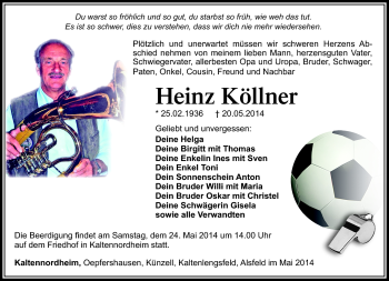Traueranzeige von Heinz Köllner von Südthüringer Presse