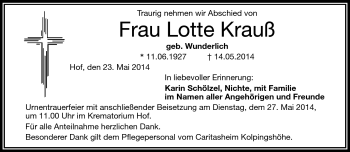 Traueranzeige von Lotte Krauß von Frankenpost
