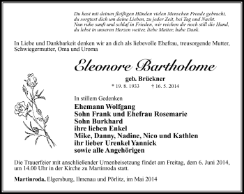 Traueranzeige von Eleonore Bartholome von Südthüringer Presse