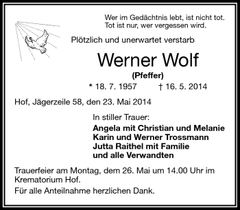 Traueranzeige von Werner Wolf von Frankenpost