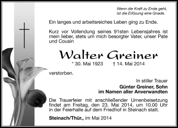 Traueranzeige von Walter Greiner von Südthüringer Presse