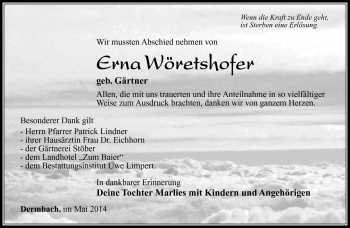Traueranzeige von Erna Wöretshofer von Südthüringer Presse