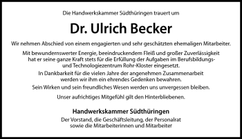Traueranzeige von Ulrich Becker von Südthüringer Presse