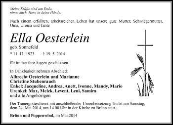 Traueranzeige von Ella Oesterlein von Südthüringer Presse