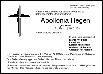 Traueranzeige von Apollonia Hegen von Frankenpost