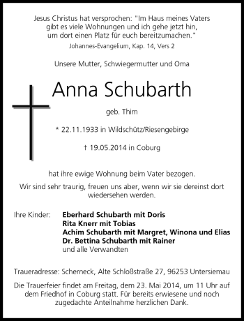 Traueranzeige von Anna Schubarth von Neue Presse Coburg