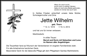Traueranzeige von Jette Wilhelm von Frankenpost