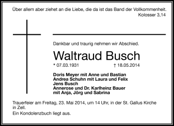 Traueranzeige von Waltraud Busch von Frankenpost
