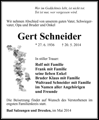 Traueranzeige von Gert Schneider von Südthüringer Presse