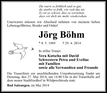 Traueranzeige von Jörg Böhm von Südthüringer Presse