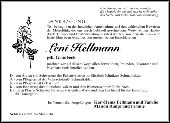 Traueranzeige von Leni Hellmann von Südthüringer Presse