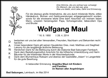 Traueranzeige von Wolfgang Maul von Südthüringer Presse
