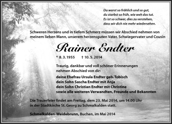 Traueranzeige von Rainer Endter von Südthüringer Presse