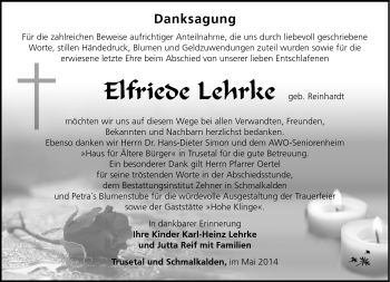 Traueranzeige von Elfriede Lehrke von Südthüringer Presse