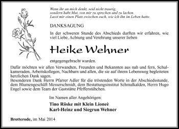 Traueranzeige von Heike Wehner von Südthüringer Presse