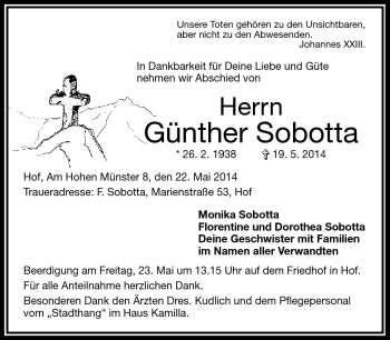 Traueranzeige von Günther Sobotta von Frankenpost