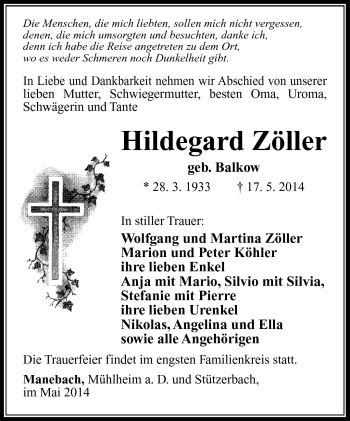 Traueranzeige von Hildegard Zöller von Südthüringer Presse