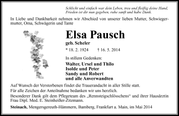 Traueranzeige von Elsa Pausch von Südthüringer Presse