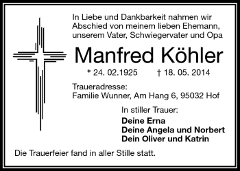 Traueranzeige von Manfred Köhler von Frankenpost