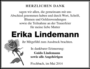 Traueranzeige von Erika Lindemann von Südthüringer Presse