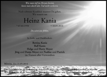 Traueranzeige von Heinz Kania von Neue Presse Coburg