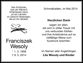 Traueranzeige von Franciszek Wesoly von Südthüringer Presse