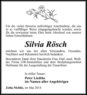 Traueranzeige von Silvia Rösch von Südthüringer Presse