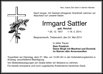 Traueranzeige von Irmgard Sattler von Frankenpost