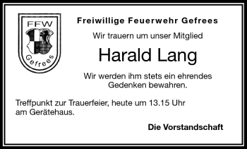 Traueranzeige von Harald Lang von Frankenpost