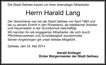 Traueranzeige von Harald Lang von Frankenpost