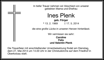 Traueranzeige von Ines Plenk von Frankenpost