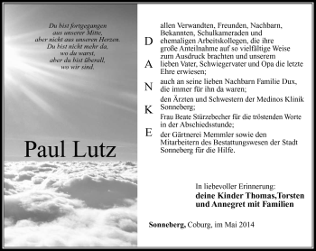 Traueranzeige von Paul Lutz von Südthüringer Presse